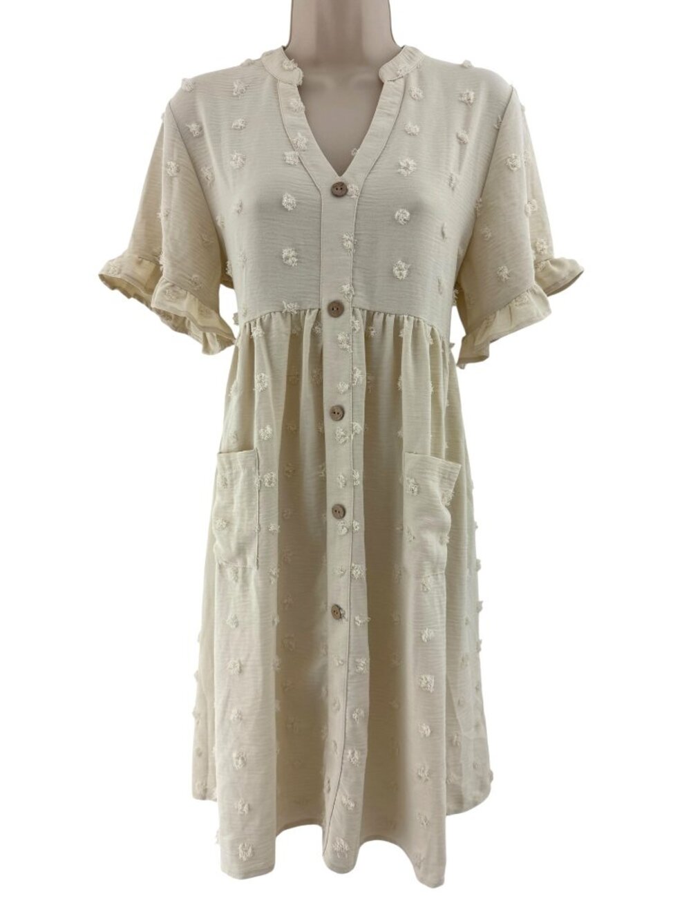 Ivory Creme V-Neck Swiss Dot Short Ruffled Sleeve Dress Pockets Size M Summer
